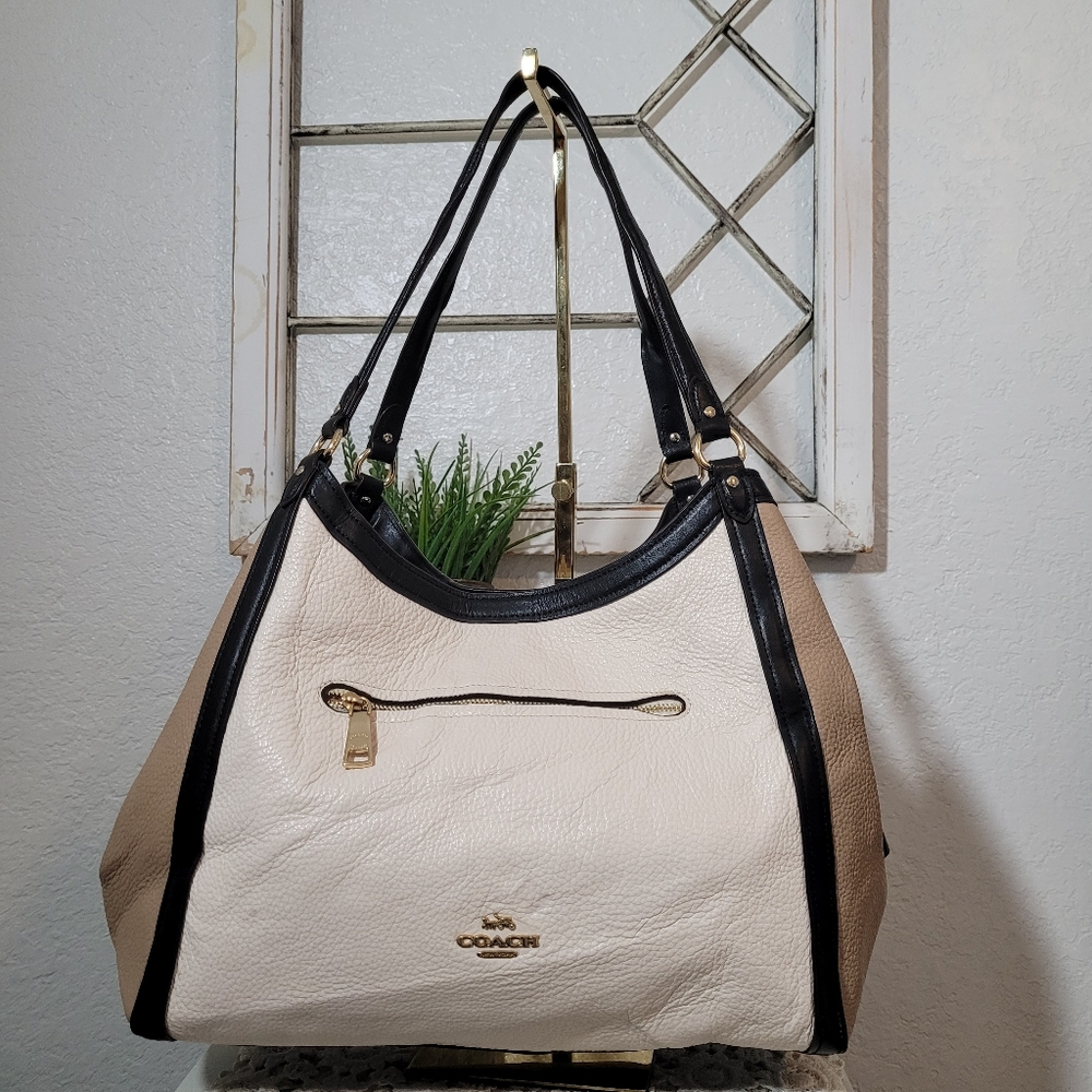 Coach Kristi Black Two-Tone Leather Shoulder Handbag with Middle Zipper Two Side